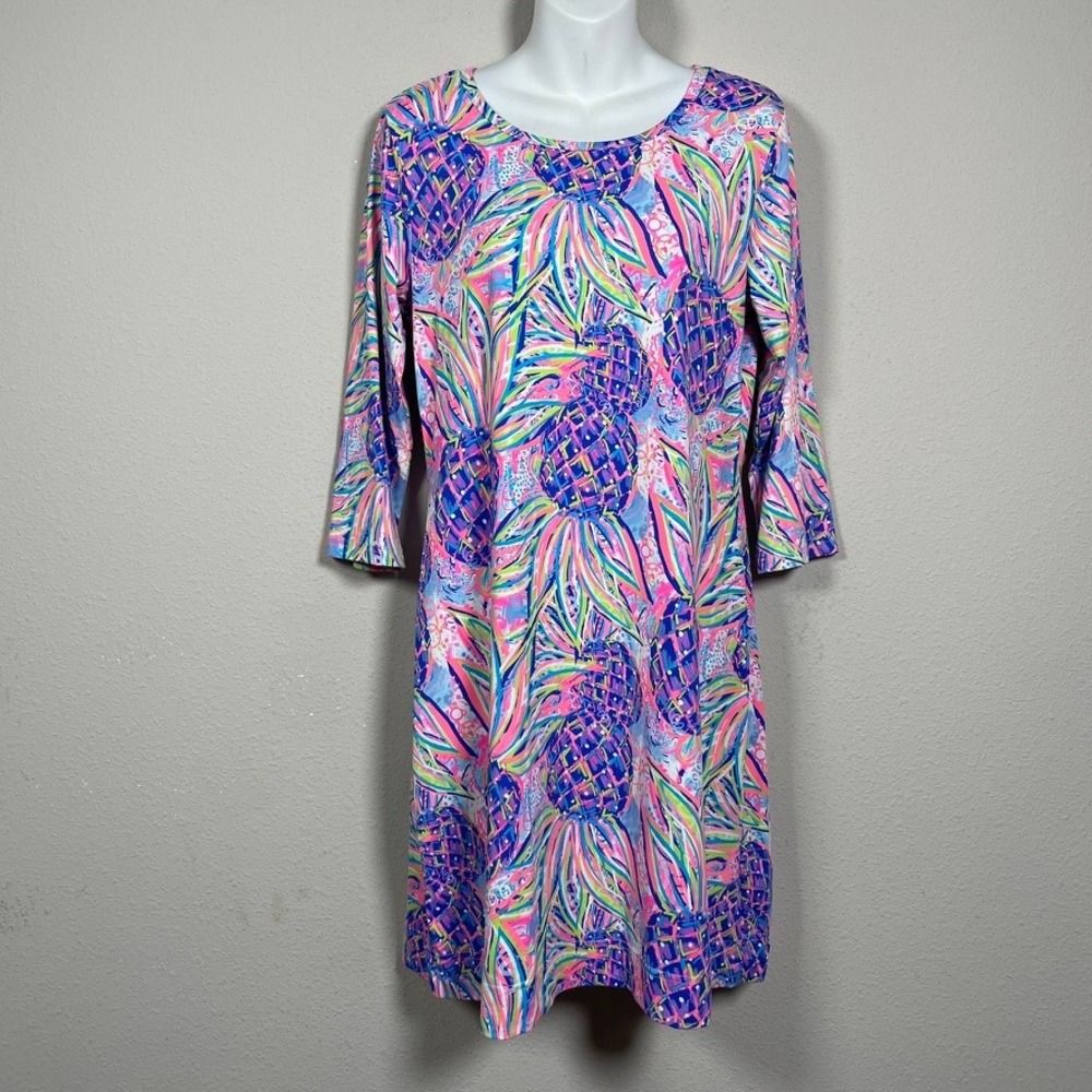 Lulu-B Pineapple Print Dress Travel S Resort Multi Color Coastal Stretch Shift